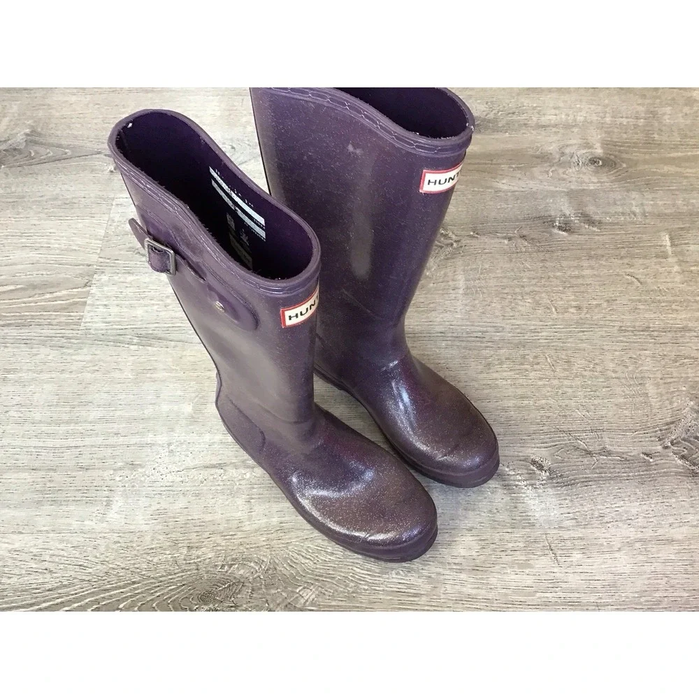 Hunter Rain Boots Girls size 6 Purple Glitter Wellington Waterproof Boots UK 4